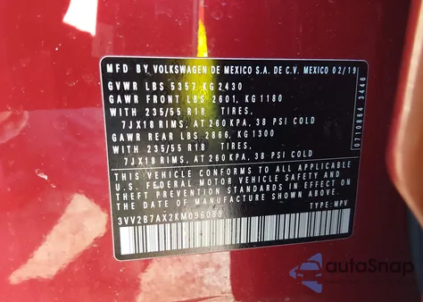 2019 Volkswagen Tiguan 2.0T Se/2.0T Sel/2.0T Sel R-Line/2.0T Sel R-Line Black z USA, uszkodzony, nr VIN 3VV2B7AX2KM096089